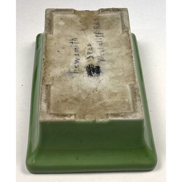 VTG 9.5" x 6"x 3" Green Glazed Terra Cotta Planter Pot w/ Flower Frog Kenzan - Picture 4 of 7